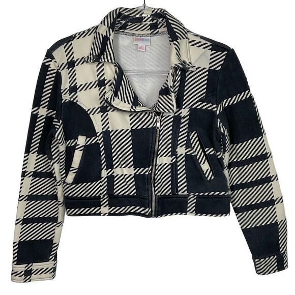 Lularoe Cream Black Presley Plaid Cropped Moto Jacket Small - Picture 1 of 6